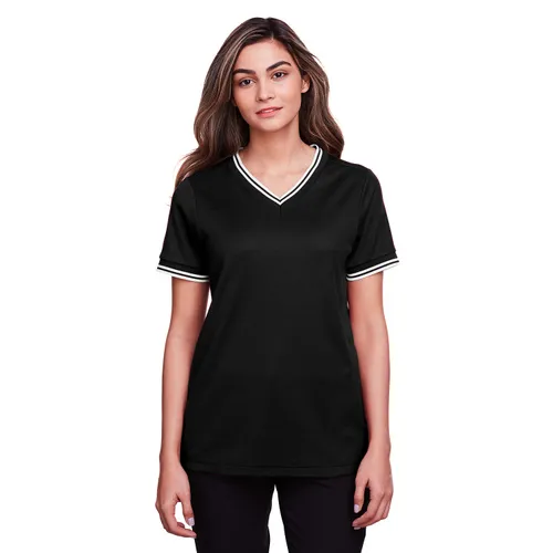 Devon & Jones Ladies' CrownLux Performance Plaited Tipped V-Neck Polo DG20CW. Printing is available for this item.