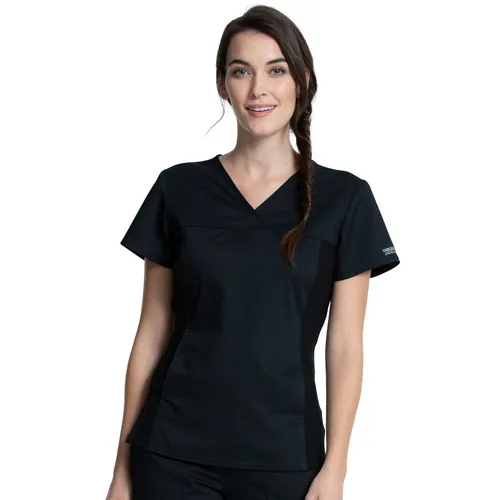 Cherokee Workwear Women V-Neck Knit Panel Top WW2875. Embroidery is available on this item.