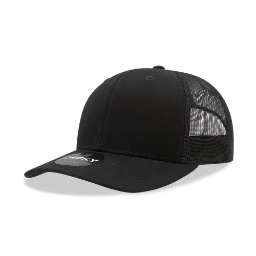Decky Mid Prof 6Panel Cotton Trucker Bk Wt Bk 6021. Embroidery is available on this item.