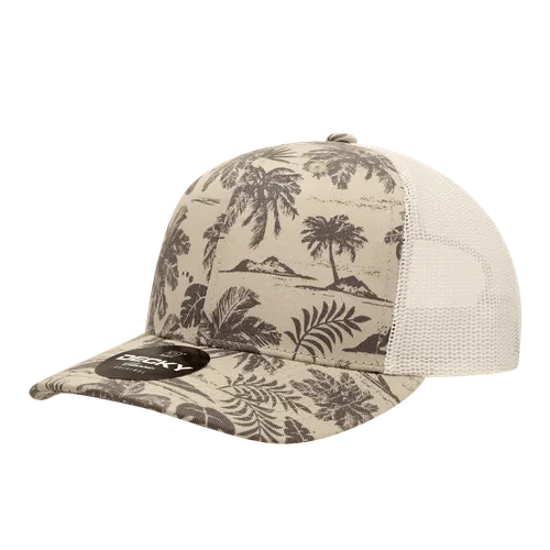 Decky 6 Panel Mid Profile Structured Tropical Trucker Cap 6037. Embroidery is available on this item.