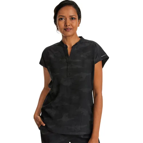 Healing Hands Women's Journey Mandarin Collar Camo Scrub Top 2352. Embroidery is available on this item.